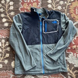 North Face Boys gently worn fleece zip up.  Black, blue, and gray.